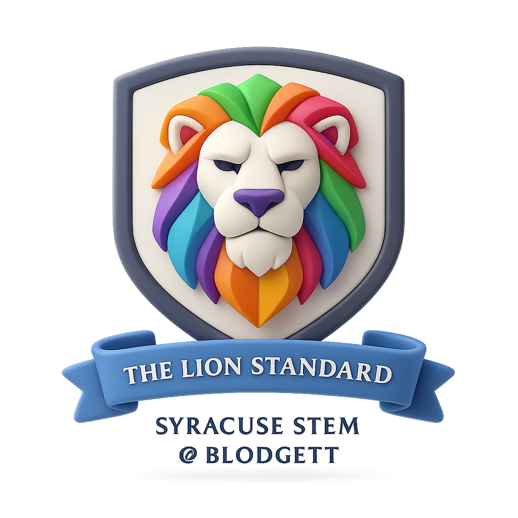 Escudo The Lion Standard — Syracuse STEM at Blodgett: un león de melena multicolor en relieve sobre un escudo, con la cinta «The Lion Standard».
